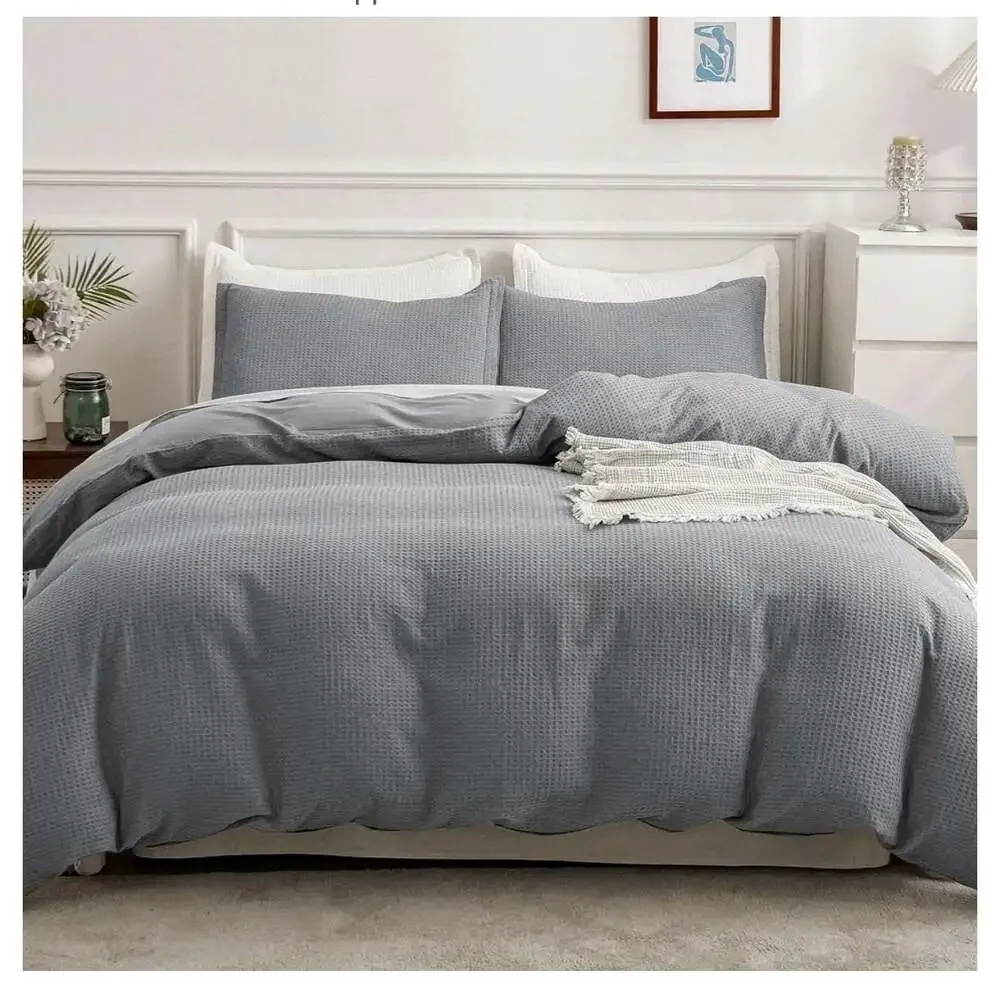 Madeluo Waffle Weave QUEEN Duvet cover set. Grey solid textured ships fast